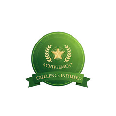 Green circular achievement award with golden star laurel wreath and banner reading excellence initiated isolated on black background with subtle gradient lighting