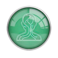 Green glass sphere with outline of human head and circuit board pattern inside isolated on black background with reflections