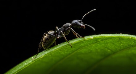 Close-up of Black Ant Walking on Green Leaf in Macro Photography Style