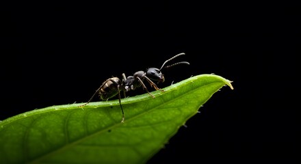 Black Ant Walking on Green Leaf in Close-up with Dark Background