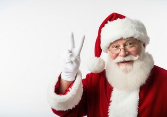 Cheerful Santa Claus in Classic Red Suit Making Peace Sign For Christmas