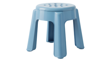A light blue plastic stool with three legs isolated on transparent background is displayed
