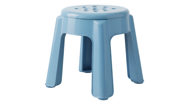 A light blue plastic stool with three legs isolated on transparent background is displayed - Powered by Adobe