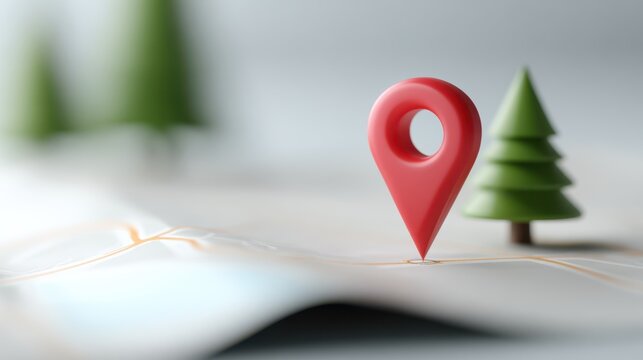 Red location pin stands prominently on a map with green trees in the background, symbolizing navigation and exploration in a digital landscape