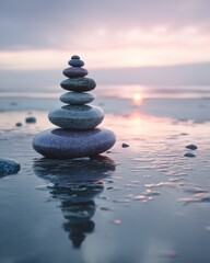 Balanced stack of smooth pebbles on wet sand at sunrise, calm ocean and soft pastel sky, warm reflection for peaceful mood and nature therapy concept
