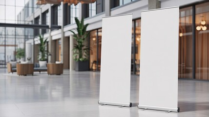 Showcase your brand with stylish blank roller banners in a modern office lobby, for advertising campaigns and attracting attention at events