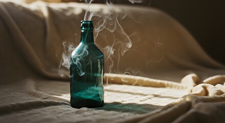 Blue Glass Bottle with Smoke Rising on Soft Fabric Surface in Warm Light
