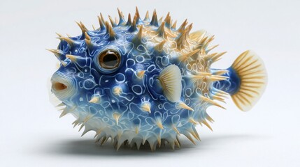 Chubby minimal pufferfish, round spiky ball shape, pastel yellow-blue, white background