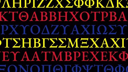 Randomly changing colourful Greek alphabets on black background. The display consists of random characters rather than full words. 4K motion graphics.