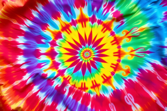 Psychedelic Mandala Tie Dye Textile Design Background design features sharp geometric shapes and a detailed central flower motif in rainbow colors.