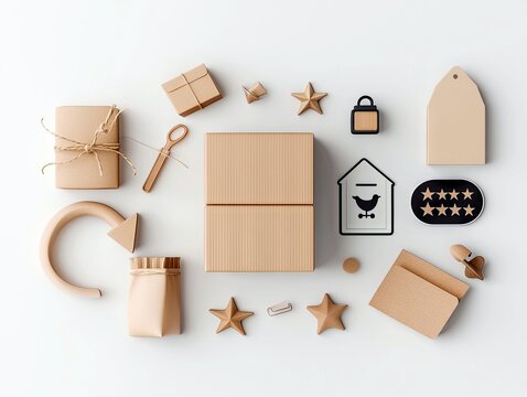 A collection of brown paper packages, stars, a padlock, scissors, a mailbox, and other small decorative items are arranged on a white surface.