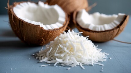 Tropical shredded coconut and halved coconuts offer a fresh, healthy snack or ingredient for delicious desserts and exotic culinary