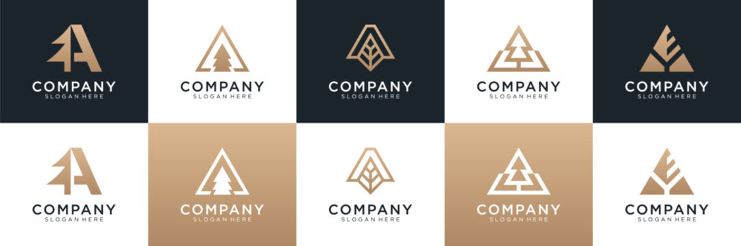 Set of abstract pine tree with letter A logo design. Universal icon for business and branding. minimalist elegant luxury design vector illustration.