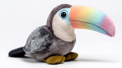 Obraz premium Preschool cute toucan, pastel rainbow beak, round soft body, white background