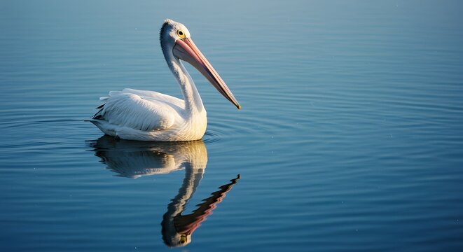 Elegant White Pelican Floating on Calm Blue Water in Natural Setting