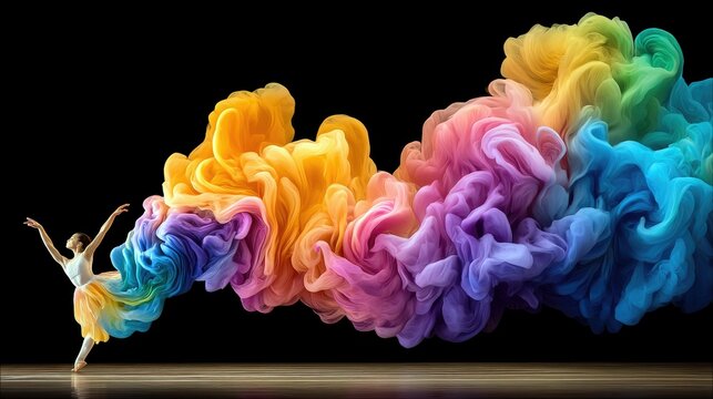A ballerina performs a graceful dance, her skirt blending into a swirling cloud of colorful smoke that flows behind her.