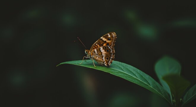 Brown Butterfly Resting on Green Leaf in Natural Environment