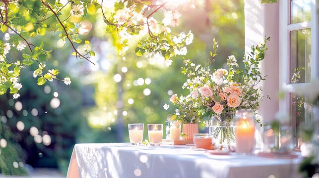 An elegant outdoor table is set with a bouquet of roses and other flowers, candles, and drinks, bathed in warm, dappled sunlight. - Powered by Adobe