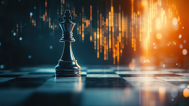 A metallic king on a dramatic chessboard with blurred financial graphs, symbolizing strategy, control, and decision-making.