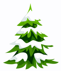 Green fir tree covered with snow. Winter evergreen tree isolated on a white background. Cartoon vector illustration