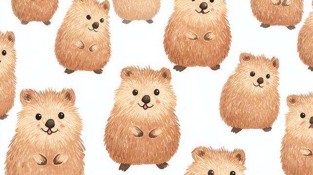 Ultra soft pastel quokka, round fluffy shapes, peach-brown tones, cute smile, white background