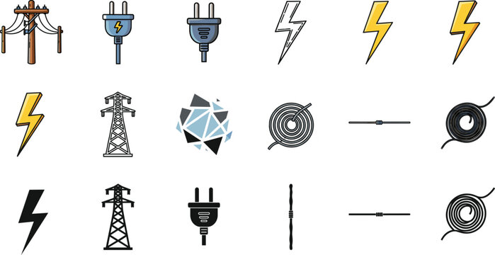 Collection of electrical energy icons featuring power plugs, lightning bolts, cables, transmission towers, and utility elements for modern technology illustration design