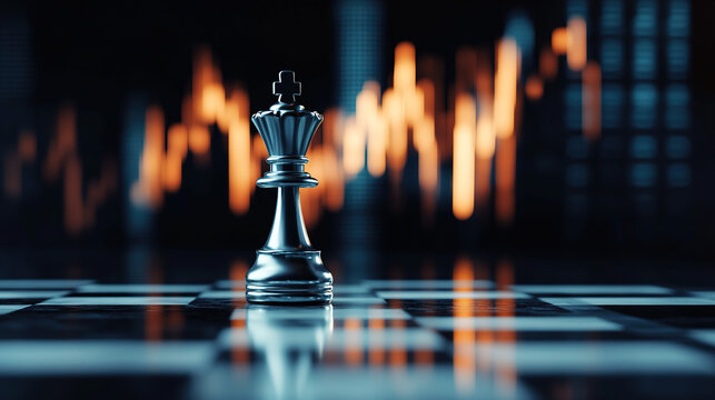 A metallic king on a dramatic chessboard with blurred financial graphs, symbolizing strategy, control, and decision-making.