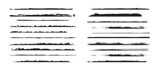 Black grunge brush stroke lines with distressed textures and rough ink edges. Ideal for backgrounds, dividers, borders, posters, and creative graphic design projects.