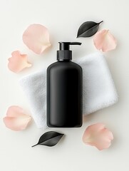 A black pump bottle is placed on a white towel, surrounded by delicate pink rose petals and dark leaves, creating a serene spa-like arrangement.