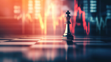 A metallic king on a dramatic chessboard with blurred financial graphs, symbolizing strategy, control, and decision-making.