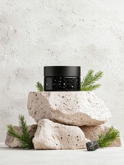 A black jar with white speckles is displayed on a stack of rough, light-colored rocks, adorned with green sprigs and a small dark stone.