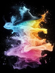 Fototapeta premium A black witch hat is depicted with vibrant, swirling smoke and liquid splashes in rainbow colors against a dark background.