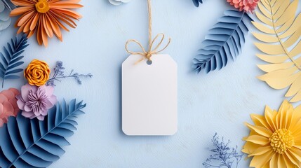 A blank white tag hangs from twine, framed by an assortment of vibrant paper flowers and leaves in various colors.