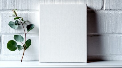 A blank white canvas stands on a shelf against a white brick wall, accompanied by a delicate eucalyptus branch.