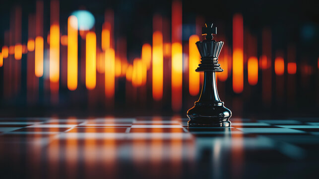 A metallic king on a dramatic chessboard with blurred financial graphs, symbolizing strategy, control, and decision-making.