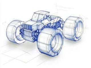 A detailed blue line sketch of a futuristic, rugged off-road vehicle with oversized tires and a complex chassis.