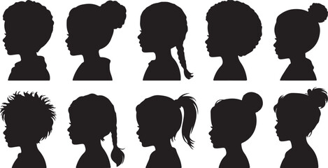 Kids profile silhouettes diverse children hairstyles vector illustration