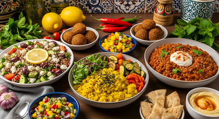 A vibrant and diverse culinary spread featuring a rich selection of healthy, fresh, and flavorful Middle Eastern and Mediterranean-inspired dishes, perfect for sharing and enjoyment