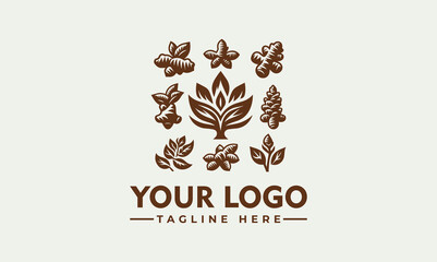 A collection of nine stylized brown leaf icons arranged in a grid for a natural brand, vector. logo. illustration