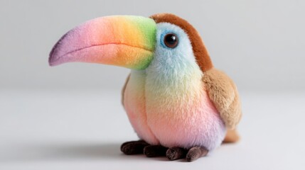 Obraz premium Preschool cute toucan, pastel rainbow beak, round soft body, white background