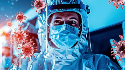 Healthcare worker protective suit with face mask and visor amid virus pandemic hospital emergency frontline outbreak medical team hazmat suit - Powered by Adobe