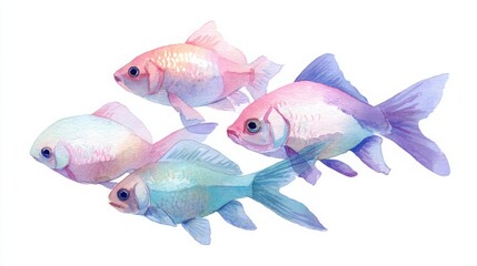 Fototapeta premium Minimal pastel fish group, soft baby colors, white background