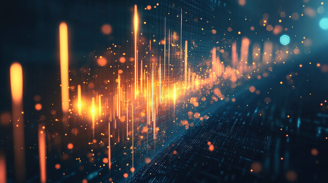 A golden beam rising across a dark background with faint candlesticks, symbolizing bullish momentum and market optimism.