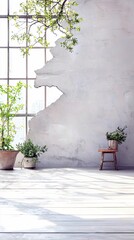 A sunlit room with a large window, potted plants, and a wooden stool, creating a serene and natural atmosphere.