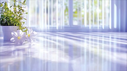 Sunlight streams through vertical blinds in a bright room, casting striped shadows on a reflective floor, with a potted plant and white flowers.