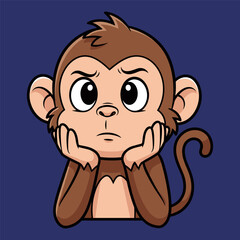 Cute cartoon monkey character looking sad and bored, resting chin on hands with a thoughtful or disappointed expression against a dark blue background