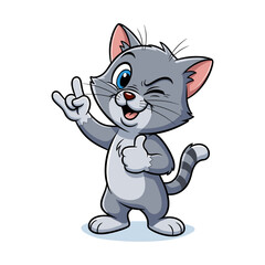 Cute cartoon gray cat character winking and making rock on and thumbs up hand gesture, isolated on