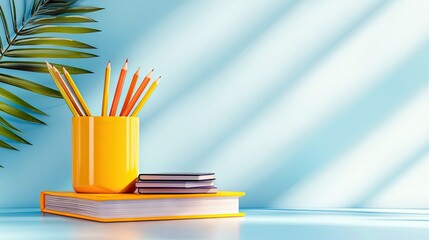 A vibrant yellow cup holds an assortment of colored pencils, placed on top of a large yellow book with smaller notebooks stacked beside it.