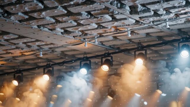 Lighting fixtures with warm and cool beams illuminating a textured ceiling during a performance