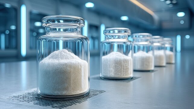 Lab Glass Containers with White Chemical Powder
